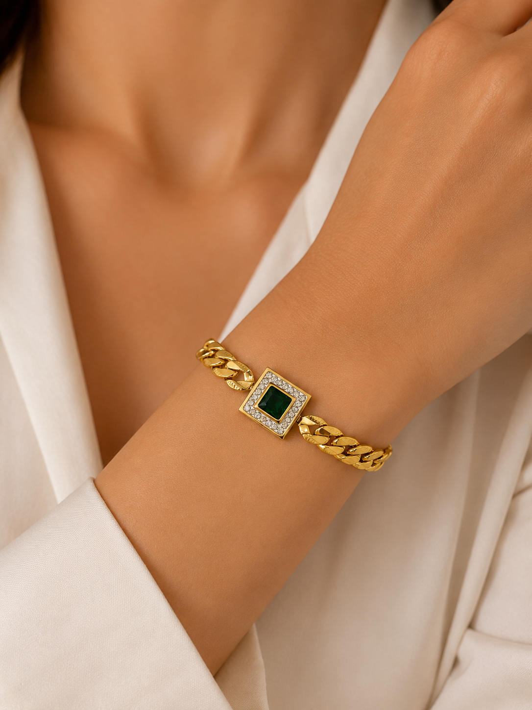 Emerald Charm Cuban Chain Bracelet