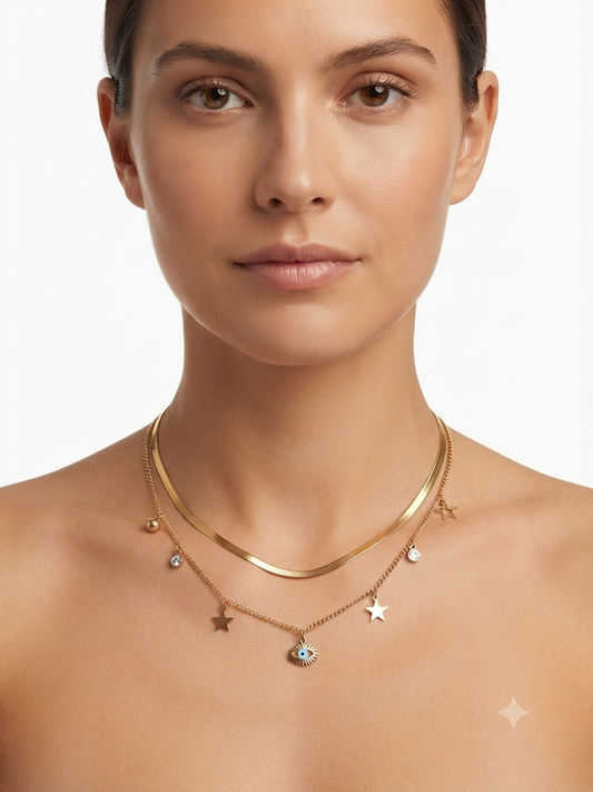 Gouden Gelaagde Charme Ketting – Ster & Boze Oog