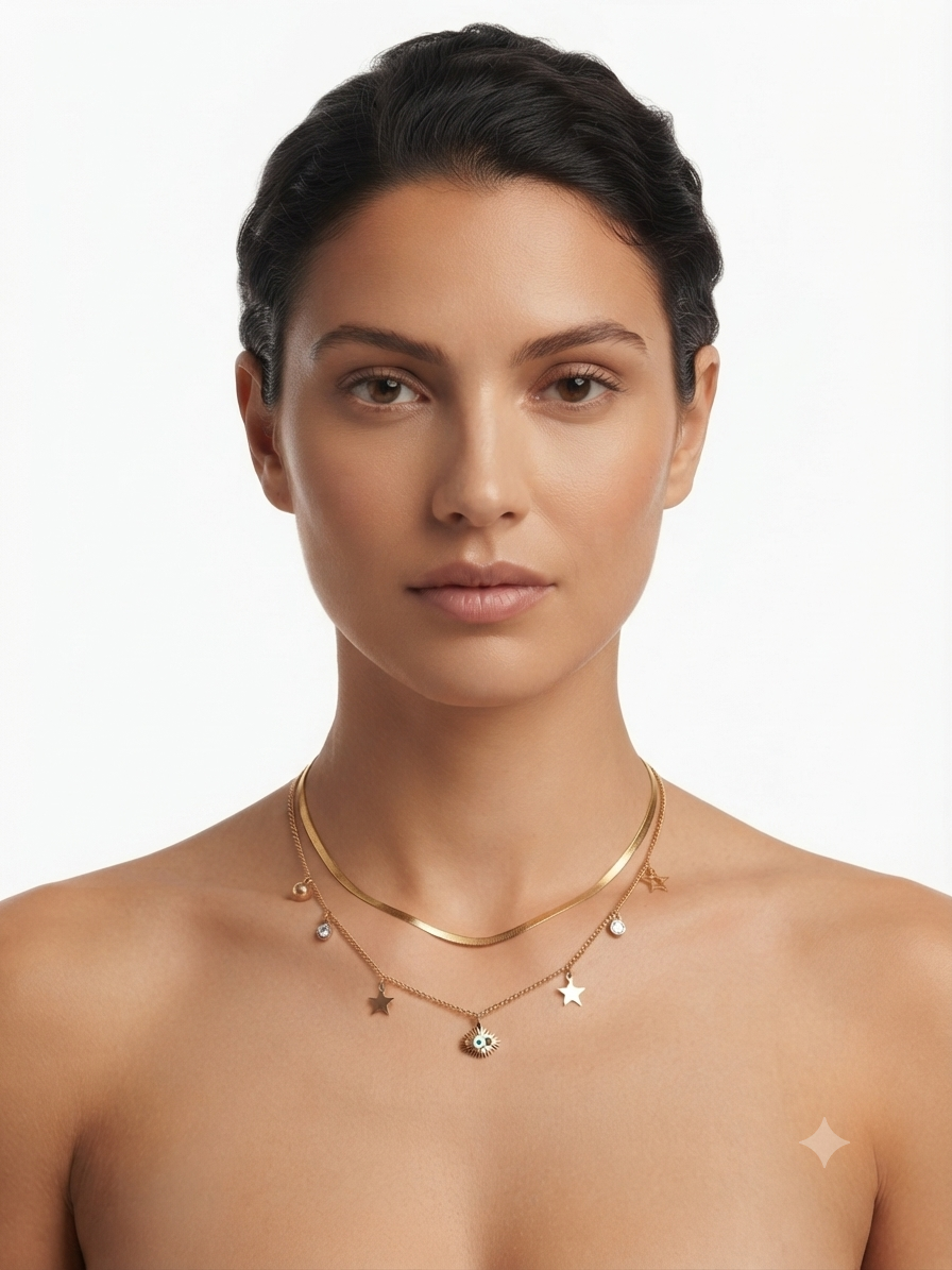 Gouden Gelaagde Charme Ketting – Ster & Boze Oog