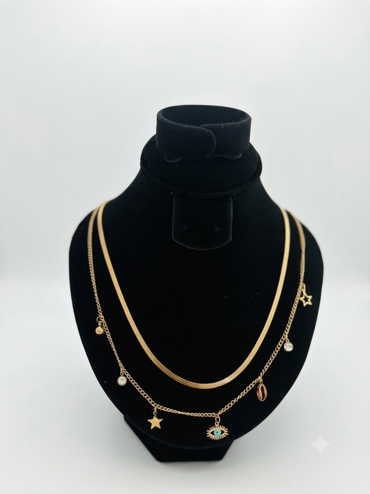 Gouden Gelaagde Charme Ketting – Ster & Boze Oog