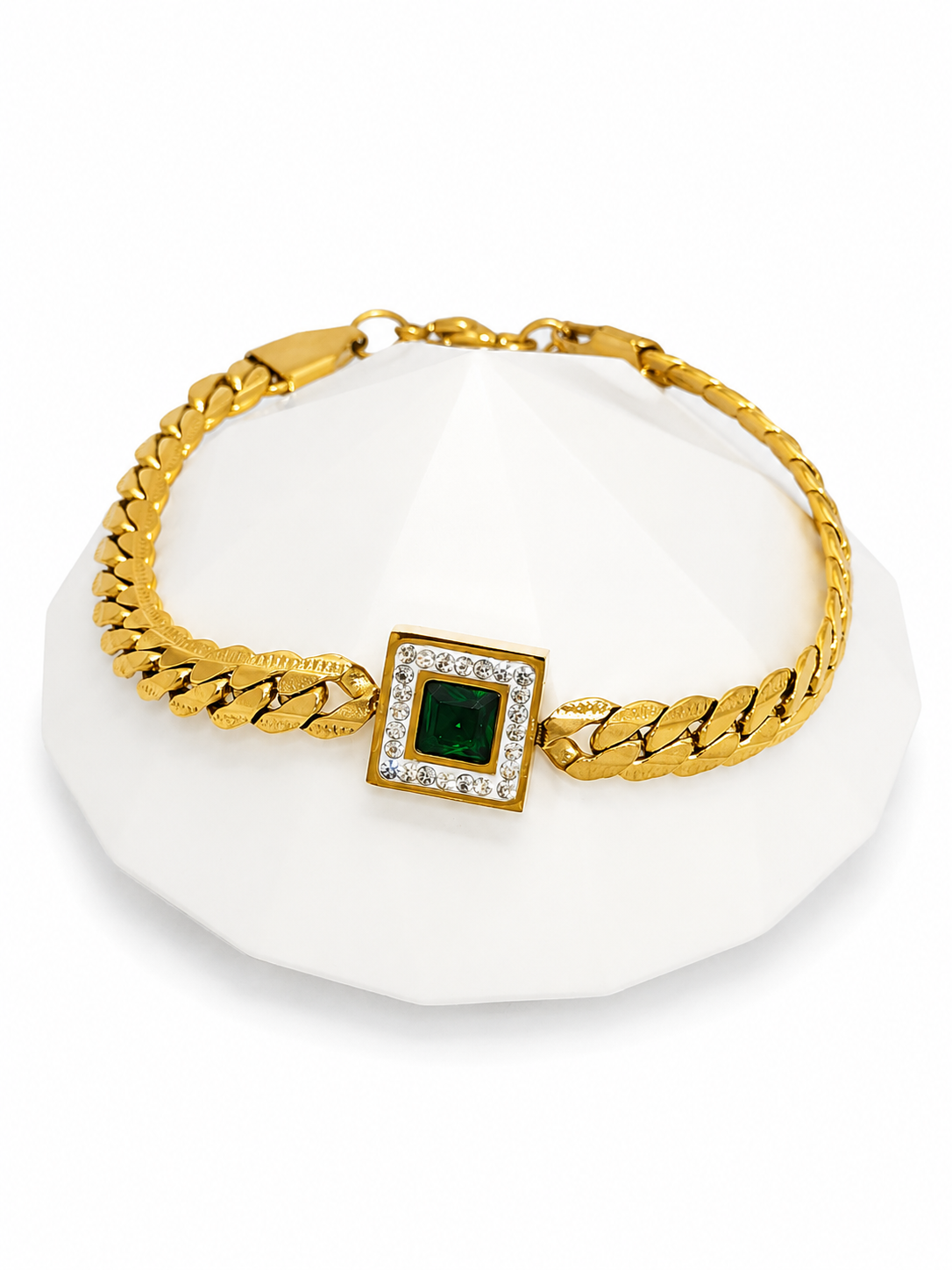 Emerald Charm Cuban Chain Bracelet